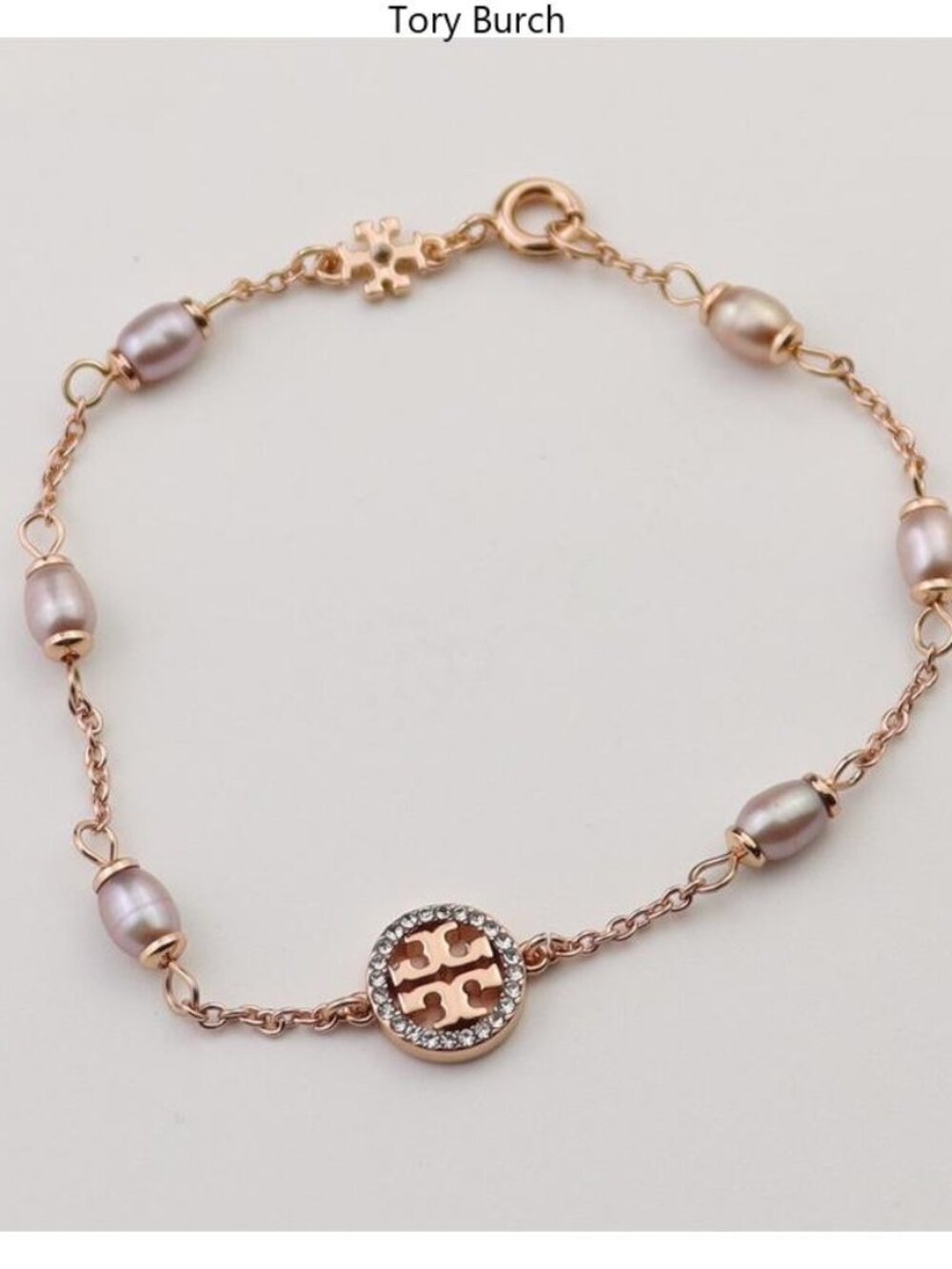 Tory Burch Rose Gold Chain Bracelet with Pink Pearls and Crystal Logo